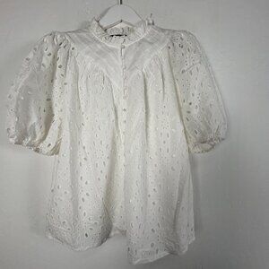 PrettyGarden Eyelet Lace Blouse Top Ruffle Collar Puff Sleeve Womens Large White